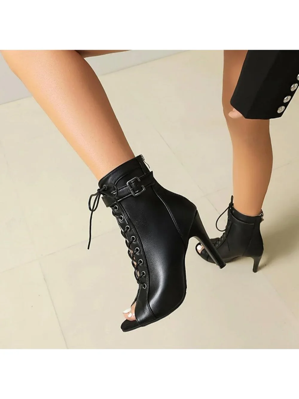 Womens Black Buckle Lace Up Mesh Sandal Peep Toe High Heel Ankle Boots